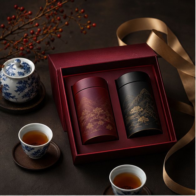 酒紅雙罐茶禮盒、瓷杯與金色緞帶