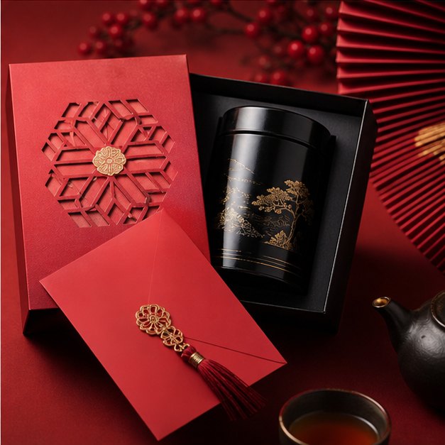 紅色節慶茶禮盒、黑金茶罐與紅封套